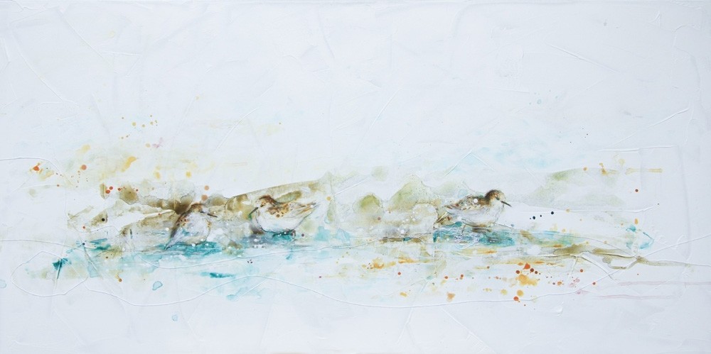 Candides sur le rivage, de l'artiste Anne-Marie Villeneuve, Tableau, Acrylique, graphite et fils de coton sur toile galerie, Création unique, dimension : 24 x 48 po de largeur