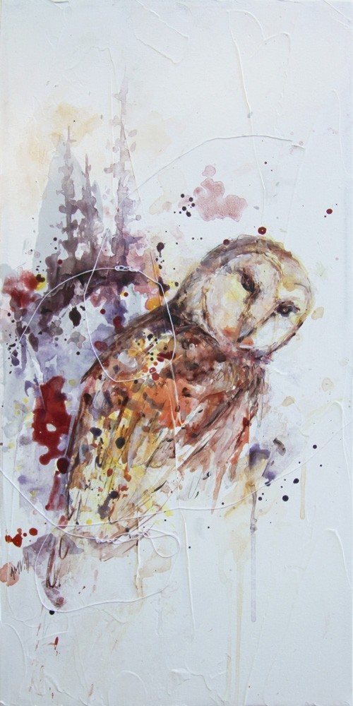 Echo du crépuscule, de l'artiste Anne-Marie Villeneuve, Tableau, Acrylique, graphite et fils de coton sur toile galerie, Création unique, dimension : 24 x 12 po de largeur