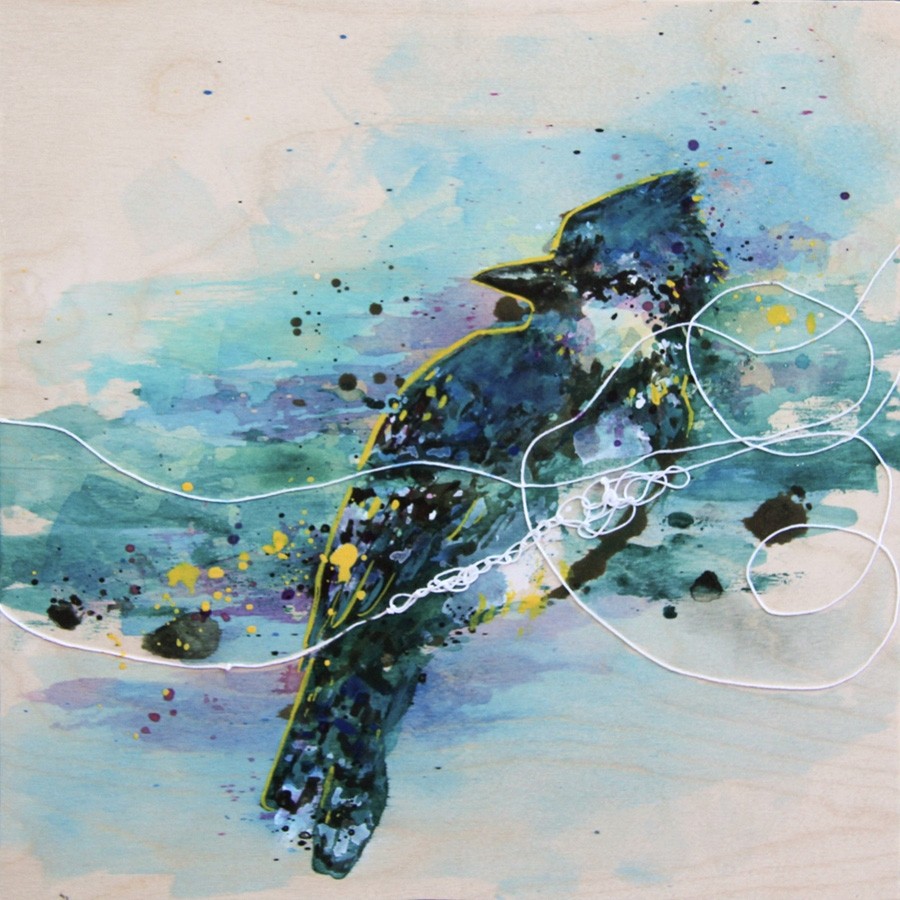 Georges, de l'artiste Anne-Marie Villeneuve, Tableau, Acrylique, graphite et fils de coton sur bois, Création unique, dimension : 12 x 12 po de largeur
