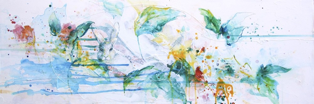 Repose en couleurs, de l'artiste Anne-Marie Villeneuve, Tableau, Acrylique, graphite et fils de coton sur toile galerie, Création unique, dimension : 12 x 36 po de largeur