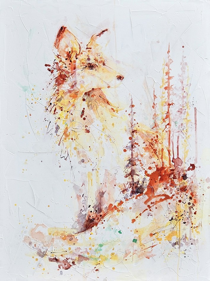 Ode au sous-bois, de l'artiste Anne-Marie Villeneuve, Tableau, Acrylique et fils de coton sur toile galerie, Création unique, dimension : 40 x 30 po de largeur