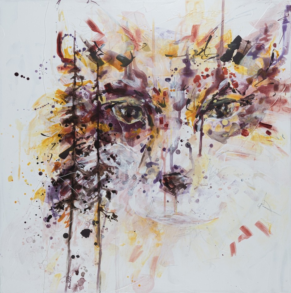 Auguste, de l'artiste Anne-Marie Villeneuve, Tableau, Acrylique, fils de coton et crayon de plomb, sur toile galerie, Création unique, dimension : 24 x 24 po de largeur