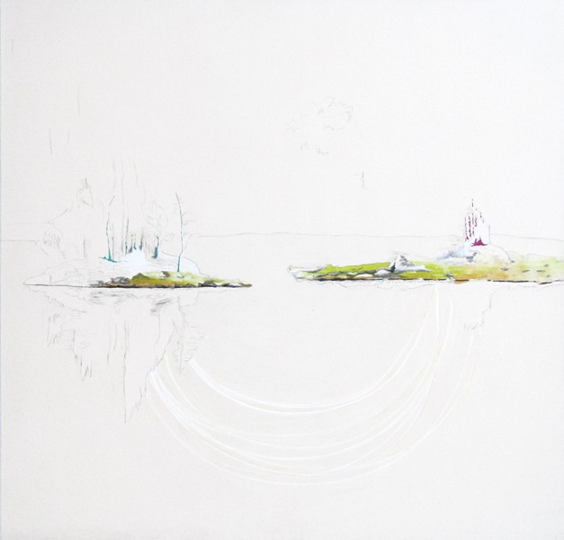 Deux îles, une rencontre, de l'artiste Annie Lévesque, Série : La quête de sens, Tableau, Acrylique, pastel, crayon de couleur et graphite, Création unique, dimension : 48 x 48 po de largeur