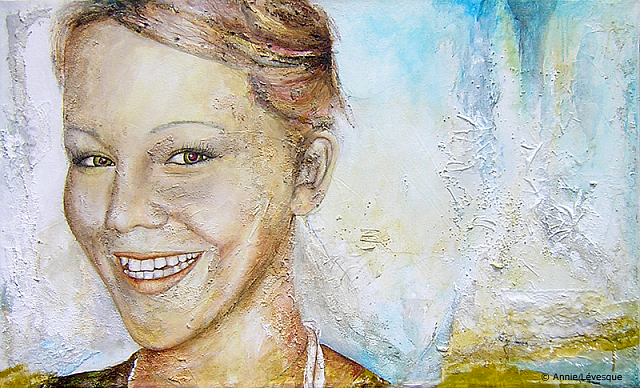 Le sourire de Bonaventure, de l'artiste Annie Lévesque, Acrylique et collage sur toile, Création unique, dimension : 25 x 42 po de largeur