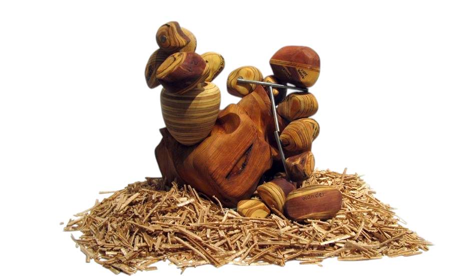 Atomes identitaires, de l'artiste Claudia Côté, Sculpture, bois et acier, Création unique, dimension : 10 x 7.5 x 11 pouces
