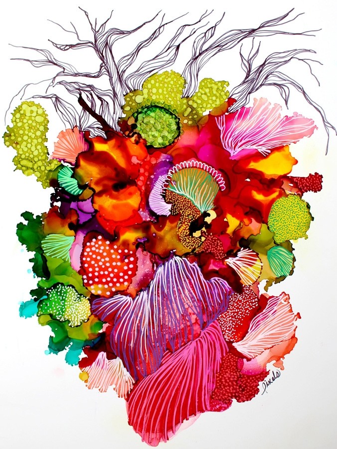 Carte de souhaits 5x5 po, Au coeur de la terre, de l'artiste Nancy Létourneau, dimension : 5.25 x 5.25 pouces largeur, sans texte, avec enveloppe  Vous pouvez inscrire votre message à l'intérieur.  Carte vendue à l'unité