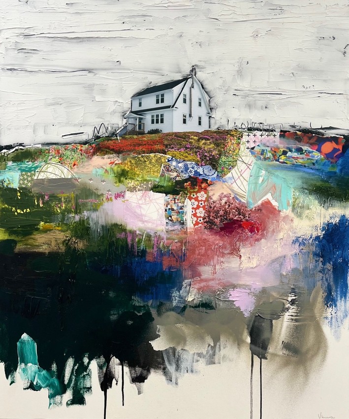 Au milieu du beau, de l'artiste Stéphanie Viens, Technique : Acrylique et collage sur toile, Création unique, Format de l'oeuvre : 36 x 30 pouces de largeur