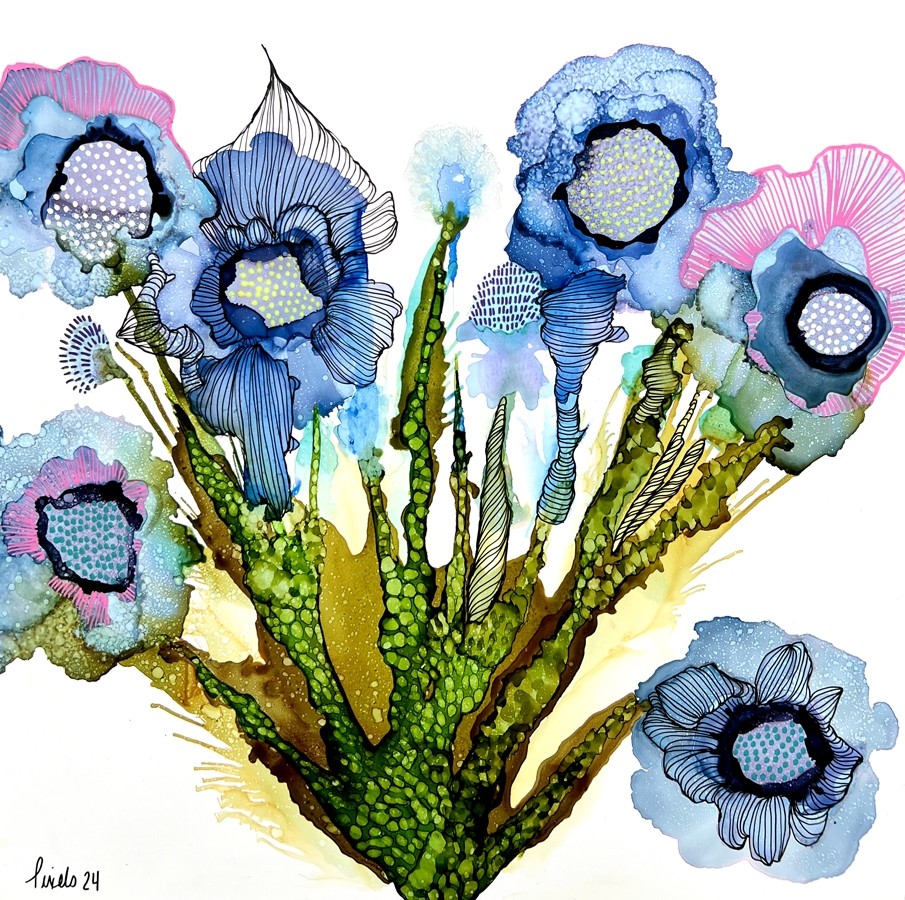 Avec toi (t.encadré), de l'artiste Nancy Létourneau, Tableau, Médium encre à l'alcool, Marouflé sur bois, dimension 12 x 12 pouces de largeur, 