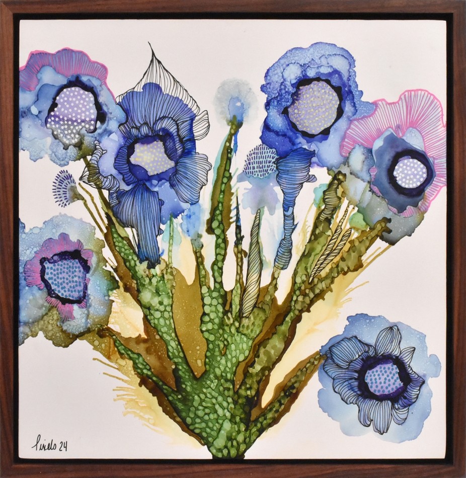 Avec toi (t.encadré), de l'artiste Nancy Létourneau, Tableau, Médium encre à l'alcool, Marouflé sur bois, dimension 12 x 12 pouces de largeur, vue en galerie