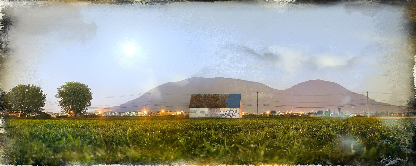 Beloeil sur St-Hilaire, Éditions de 8, de l'artiste Pascal Normand, Estampe numérique, techniques mixtes, dimension : 24 x 60 po de largeur, disponible sur commande, d'autres formats sont possibles