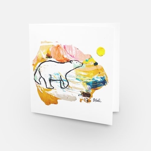 Carte de souhaits -- La quête (ours polaire) --, de l'artiste Brigitte Galipeau BGALI, sans texte, avec enveloppe  Vous pouvez inscrire votre message à l'intérieur.  Carte vendue à l'unité