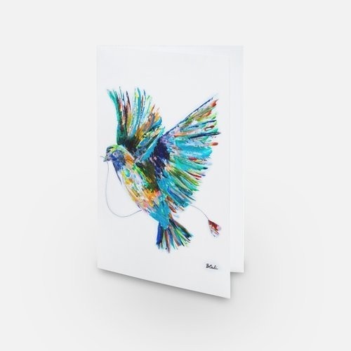 Carte de souhaits -- Le messager --, de l'artiste Brigitte Galipeau BGALI, sans texte, avec enveloppe  Vous pouvez inscrire votre message à l'intérieur.  Carte vendue à l'unité