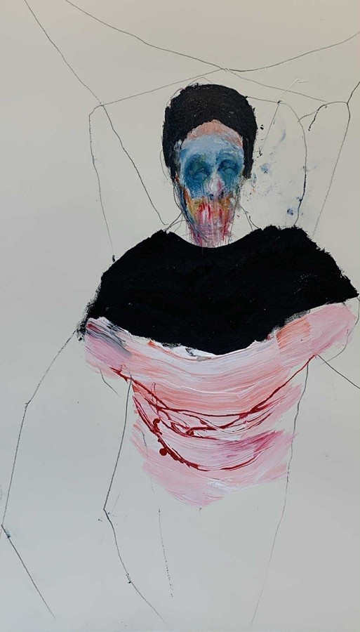 Tatoué dans un escalier roulant, de l'artiste Benoit Genest Rouillier, Oeuvre papier, Mixtes sur papier, Création unique, dimension : 30 x 22 po de largeur