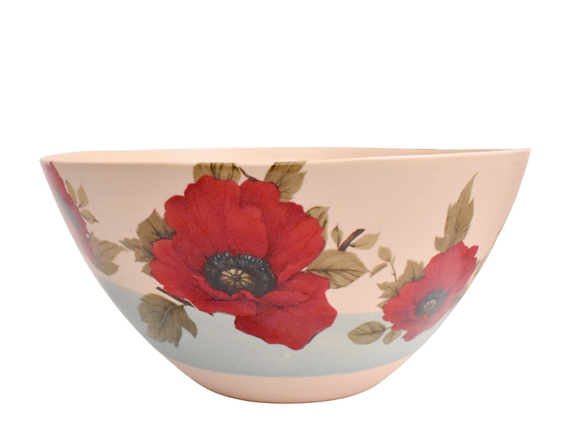 Bol repas, no 35, (bande bleue, fleur rouge), de l'artiste Jane Baronet, Pièce tournée ou fabriquée en grès par moulage, dimension : 7.25 po x 3.5 po