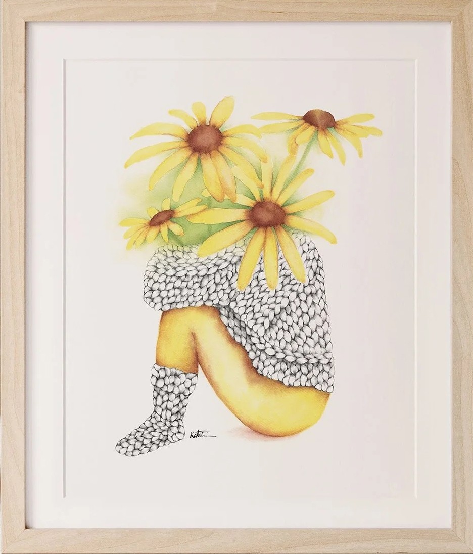 Affiche, -- Bouquet Rudbeckia --, de l'artiste Katrinn Pelletier, Illustration, aquarelle, crayons de couleur, ..., dimension : 10 x 8 po de largeur