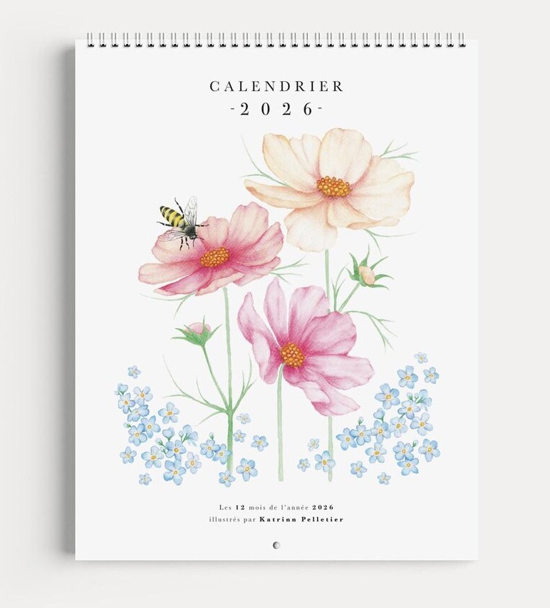 Calendrier, -- 2026 --, de l'artiste Katrinn Pelletier, 12 mois, de janvier à décembre, Dimension : 11 x 8.5 po, avec cases et espace pour écrire des notes