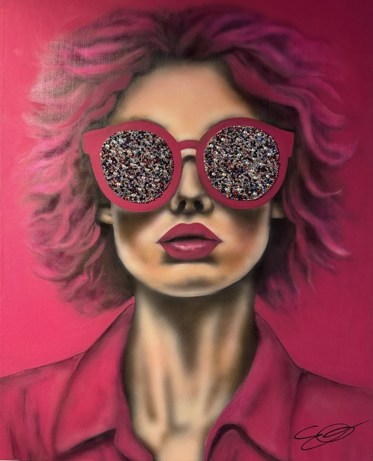 Candy in color, de l'artiste Émilie Gosselin, Mixtes sur canevas toile coton, Tableau accompagné de pierres Swarovski vintage, Dimension : 30 x 24 po de largeur