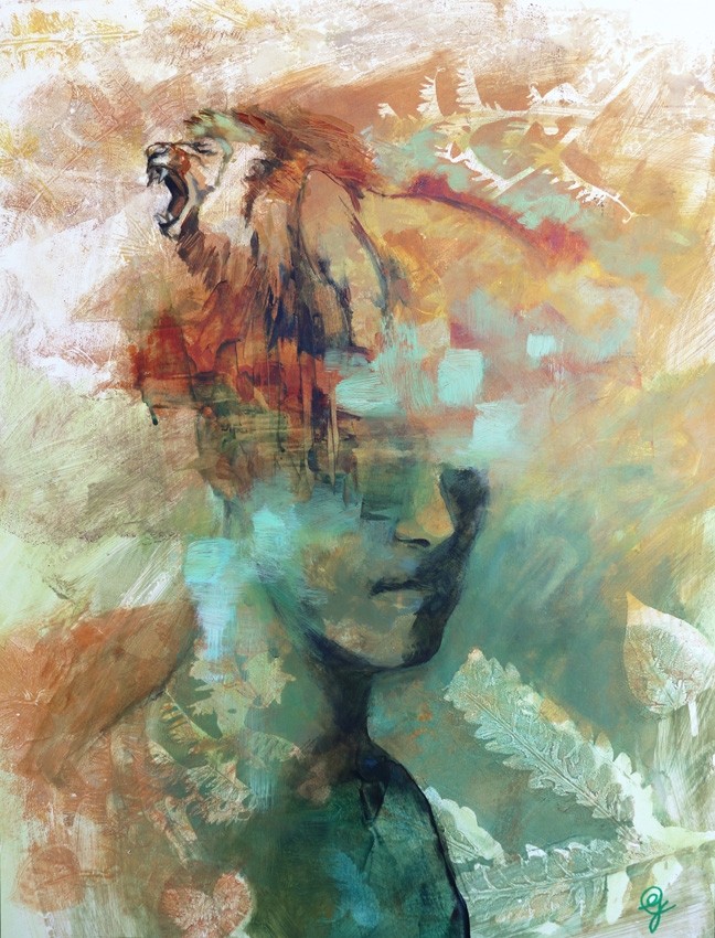 Indomptable, de l'artiste Carine Génadry, Tableau, Techniques mixtes sur panneau de bois, Dimension : 24 x 18 pouces de largeur