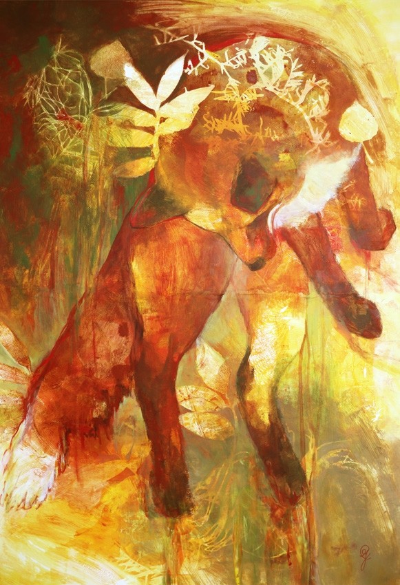Plonger dans l'instant,, de l'artiste Carine Génadry, Tableau, Techniques mixtes sur panneau de bois, Dimension : 36 x 24 pouces de largeur