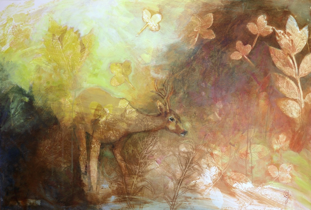 Sanctuarium,, de l'artiste Carine Génadry, Tableau, Techniques mixtes sur panneau de bois, Dimension : 24 x 36 pouces de largeur