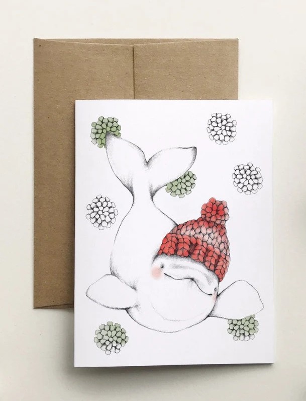 Carte de souhaits 4x5 po, --- Béluga tuque ---, de l'artiste Katrinn Pelletier, dimension : 4.25 x 5.5 pouces largeur, sans texte, avec enveloppe  Vous pouvez inscrire votre message à l'intérieur.  Carte vendue à l'unité