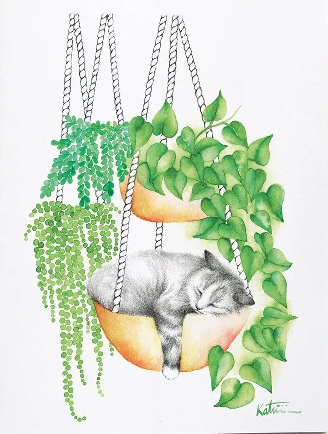 Carte de souhaits 5x4 po, -- Chat dormant --, de l'artiste Katrinn Pelletier, dimension : 5.5 x 4.25 pouces largeur, sans texte, avec enveloppe  Vous pouvez inscrire votre message à l'intérieur.  Carte vendue à l'unité