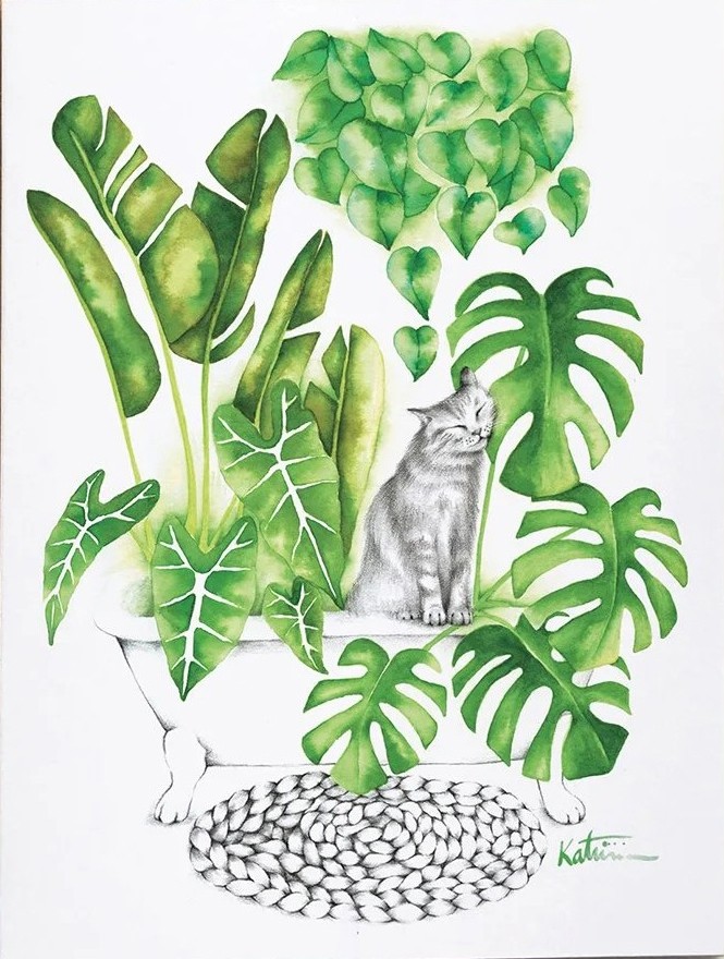 Carte de souhaits 5x4 po, -- Chat et sa jungle --, de l'artiste Katrinn Pelletier, dimension : 5.5 x 4.25 pouces largeur, sans texte, avec enveloppe  Vous pouvez inscrire votre message à l'intérieur.  Carte vendue à l'unité