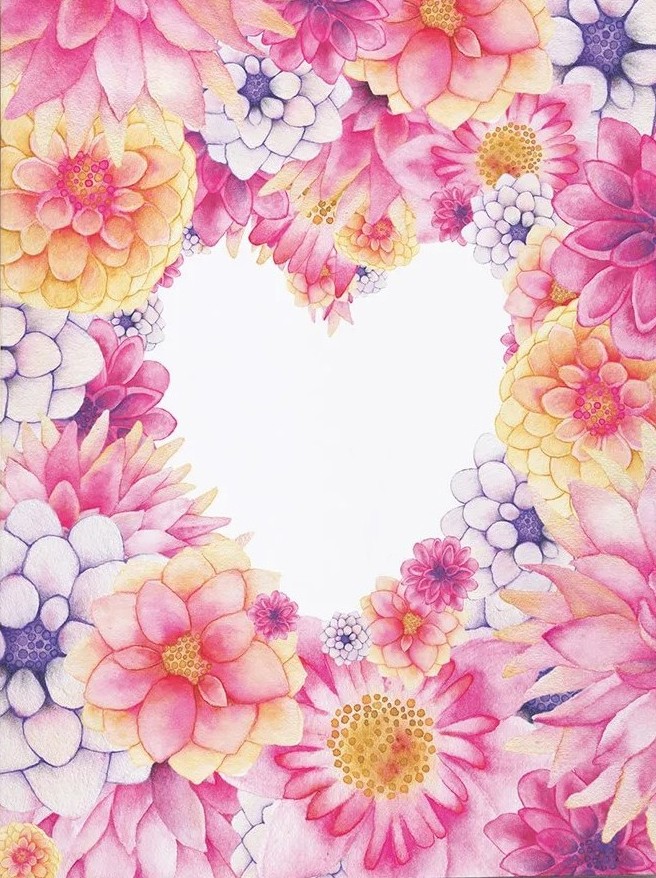 Carte de souhaits 5x4 po, -- 1 coeur floral dahlias --, de l'artiste Katrinn Pelletier, dimension : 5.5 x 4.25 pouces largeur, sans texte, avec enveloppe  Vous pouvez inscrire votre message à l'intérieur.  Carte vendue à l'unité