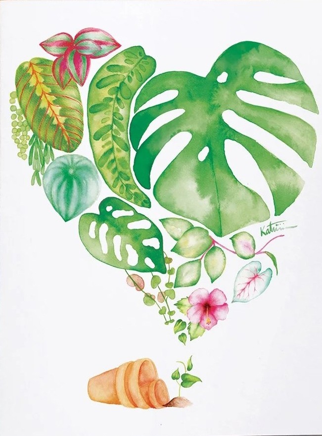 Carte de souhaits 5x4 po, -- Coeur plantes --, de l'artiste Katrinn Pelletier, dimension : 5.5 x 4.25 pouces largeur, sans texte, avec enveloppe  Vous pouvez inscrire votre message à l'intérieur.  Carte vendue à l'unité