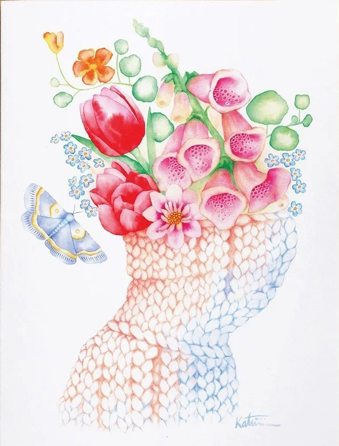 Carte de souhaits 5x4 po, -- Col printanier --, de l'artiste Katrinn Pelletier, dimension : 5.5 x 4.25 pouces largeur, sans texte, avec enveloppe  Vous pouvez inscrire votre message à l'intérieur.  Carte vendue à l'unité