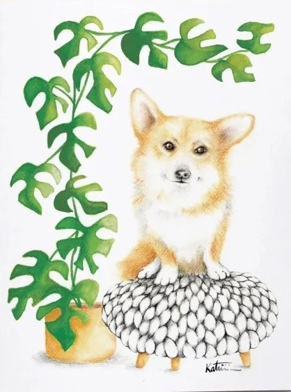 Carte de souhaits 5x4 po, -- Corgi - plante --, de l'artiste Katrinn Pelletier, dimension : 5.5 x 4.25 pouces largeur, sans texte, avec enveloppe  Vous pouvez inscrire votre message à l'intérieur.  Carte vendue à l'unité