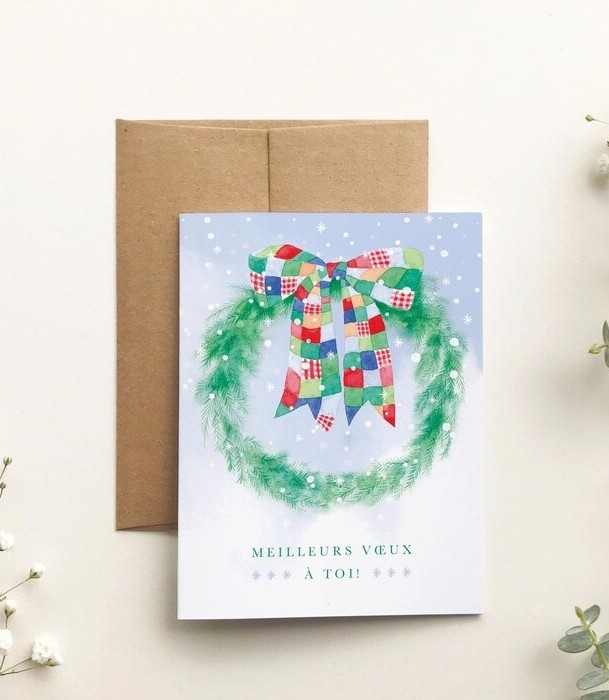Carte de souhaits 4x5 po, -- Couronne de Noël --, de l'artiste Katrinn Pelletier, dimension : 4.25 x 5.5 pouces largeur, sans texte, avec enveloppe  Vous pouvez inscrire votre message à l'intérieur.  Carte vendue à l'unité