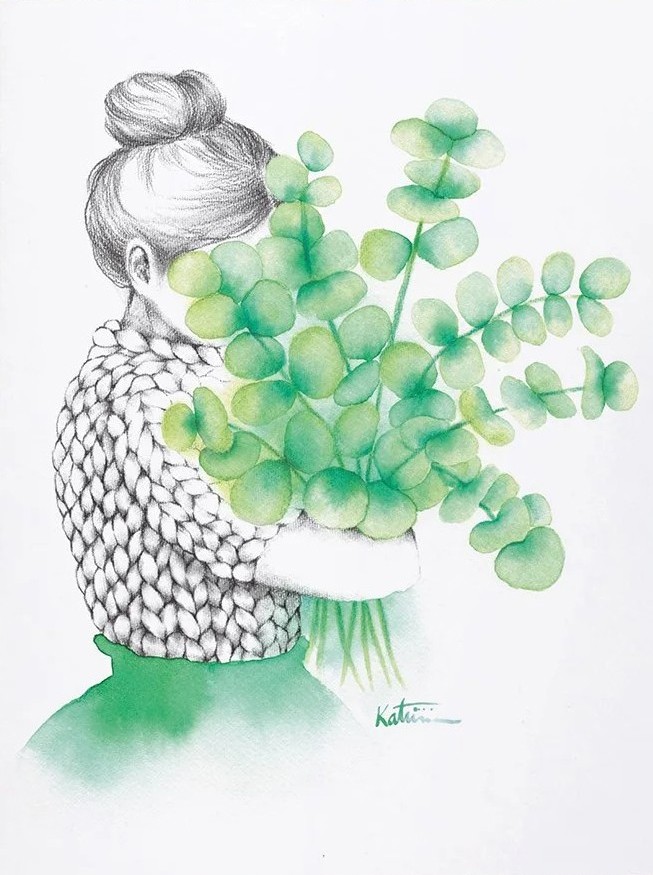 Carte de souhaits 5x4 po, -- Femme au bouquet d'eucalyptus --, de l'artiste Katrinn Pelletier, dimension : 5.5 x 4.25 pouces largeur, sans texte, avec enveloppe  Vous pouvez inscrire votre message à l'intérieur.  Carte vendue à l'unité