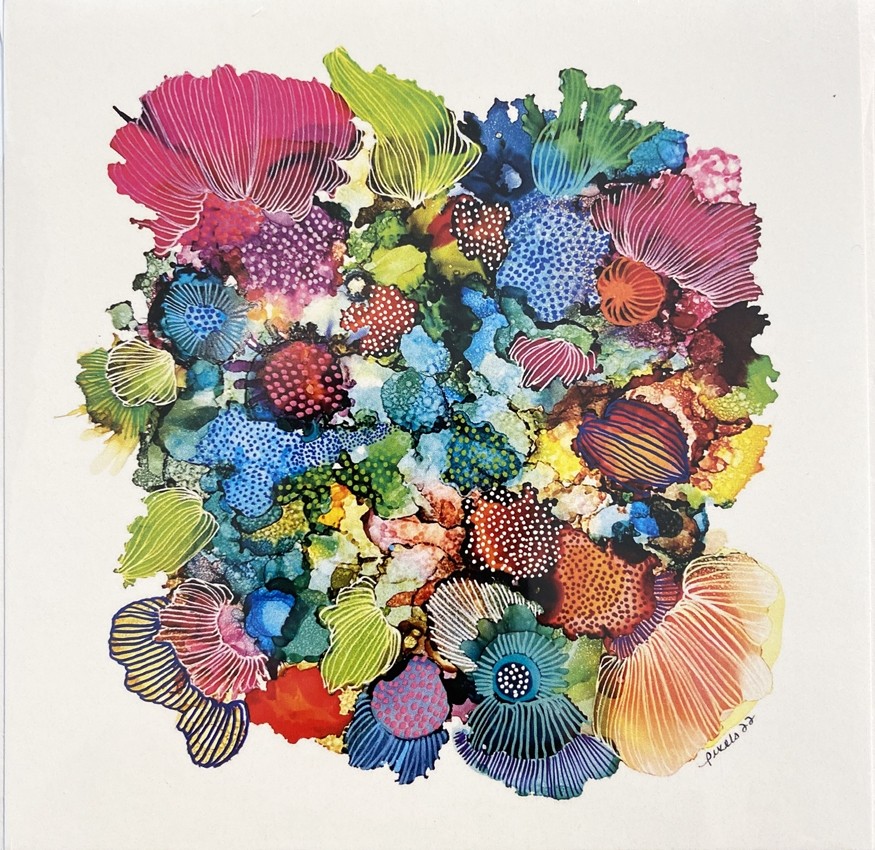 Carte de souhaits 5x5 po, La grande séduction, de l'artiste Nancy Létourneau, dimension : 5.25 x 5.25 pouces largeur, sans texte, avec enveloppe  Vous pouvez inscrire votre message à l'intérieur.  Carte vendue à l'unité