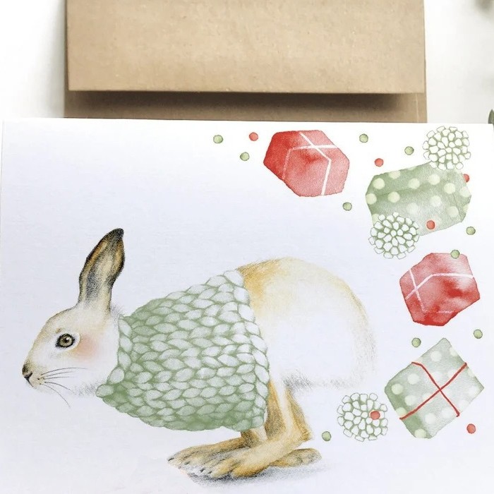 Carte de souhaits 4x5 po, -- Lapin Noël --, de l'artiste Katrinn Pelletier, dimension : 4.25 x 5.5 pouces largeur, sans texte, avec enveloppe  Vous pouvez inscrire votre message à l'intérieur.  Carte vendue à l'unité