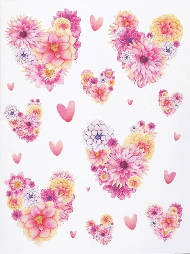 Carte de souhaits 5x4 po, -- Motif Coeurs et dahlias --, de l'artiste Katrinn Pelletier, dimension : 5.5 x 4.25 pouces largeur, sans texte, avec enveloppe  Vous pouvez inscrire votre message à l'intérieur.  Carte vendue à l'unité