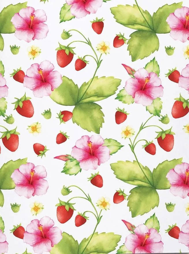 Carte de souhaits 5x4 po, -- Motif Fraises et hibicus --, de l'artiste Katrinn Pelletier, dimension : 5.5 x 4.25 pouces largeur, sans texte, avec enveloppe  Vous pouvez inscrire votre message à l'intérieur.  Carte vendue à l'unité