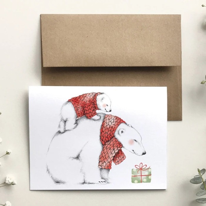 Carte de souhaits 4x5 po, -- Ours cadeaux --, de l'artiste Katrinn Pelletier, dimension : 4.25 x 5.5 pouces largeur, sans texte, avec enveloppe  Vous pouvez inscrire votre message à l'intérieur.  Carte vendue à l'unité