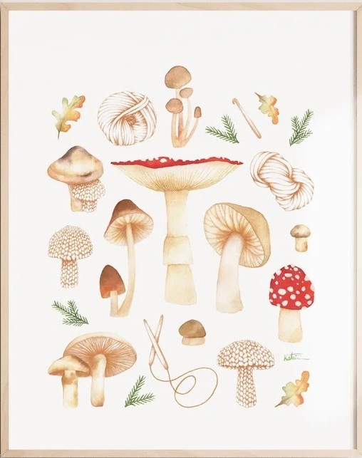 Affiche, -- Champignons sauvages --, de l'artiste Katrinn Pelletier, Illustration, aquarelle, crayons de couleur, ..., dimension : 16 x 12 de largeur