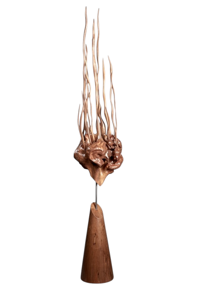 Charge mentale, de l'artiste Christianne Hamel, Sculpture, matière : Merisier et cerisier, Technique : Tournage et taille directe, Création unique, dimension : 38 x 203 x 38 cm