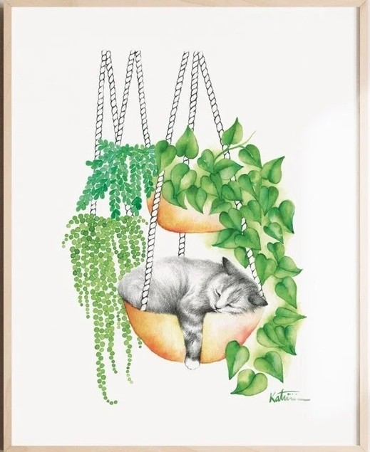 Affiche, -- Chat dormant --, de l'artiste Katrinn Pelletier, Illustration, aquarelle, crayons de couleur, ..., dimension : 16 x 12 de largeur