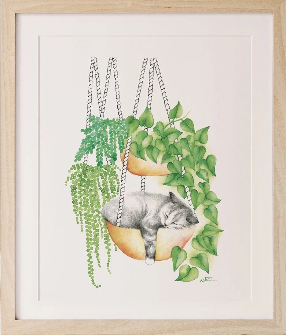 Affiche, -- Chat dormant --, de l'artiste Katrinn Pelletier, Illustration, aquarelle, crayons de couleur, ..., dimension : 16 x 12 de largeur