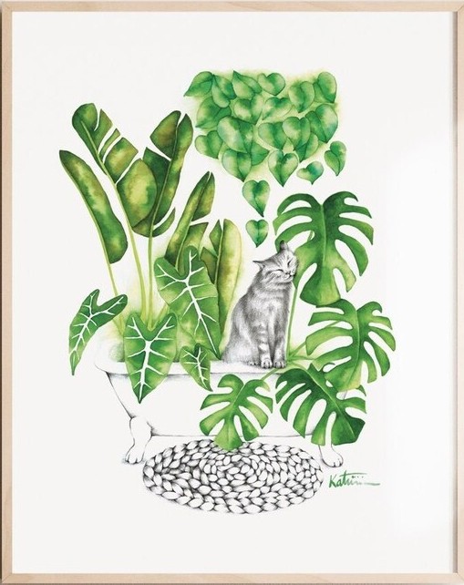 Affiche, -- Chat jungle --, de l'artiste Katrinn Pelletier, Illustration, aquarelle, crayons de couleur, ..., dimension : 16 x 12 de largeur