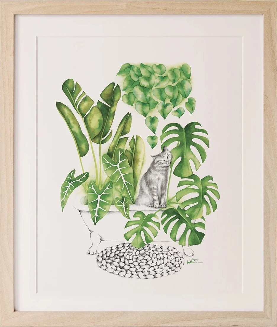 Affiche, -- Chat jungle --, de l'artiste Katrinn Pelletier, Illustration, aquarelle, crayons de couleur, ..., dimension : 10 x 8 de largeur