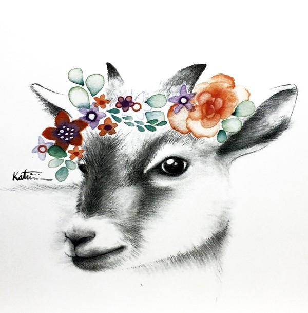 Affiche, Chèvre couronnée, de l'artiste Katrinn Pelletier, dimension : 10 x 8 po de largeur