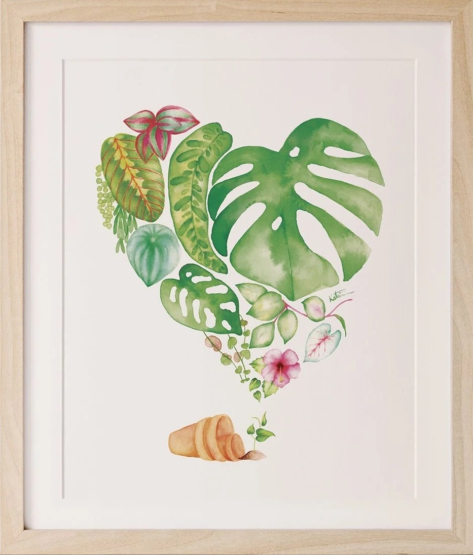 Affiche, -- Coeur plantes --, de l'artiste Katrinn Pelletier, Illustration, aquarelle, crayons de couleur, ..., dimension : 10 x 8 po de largeur