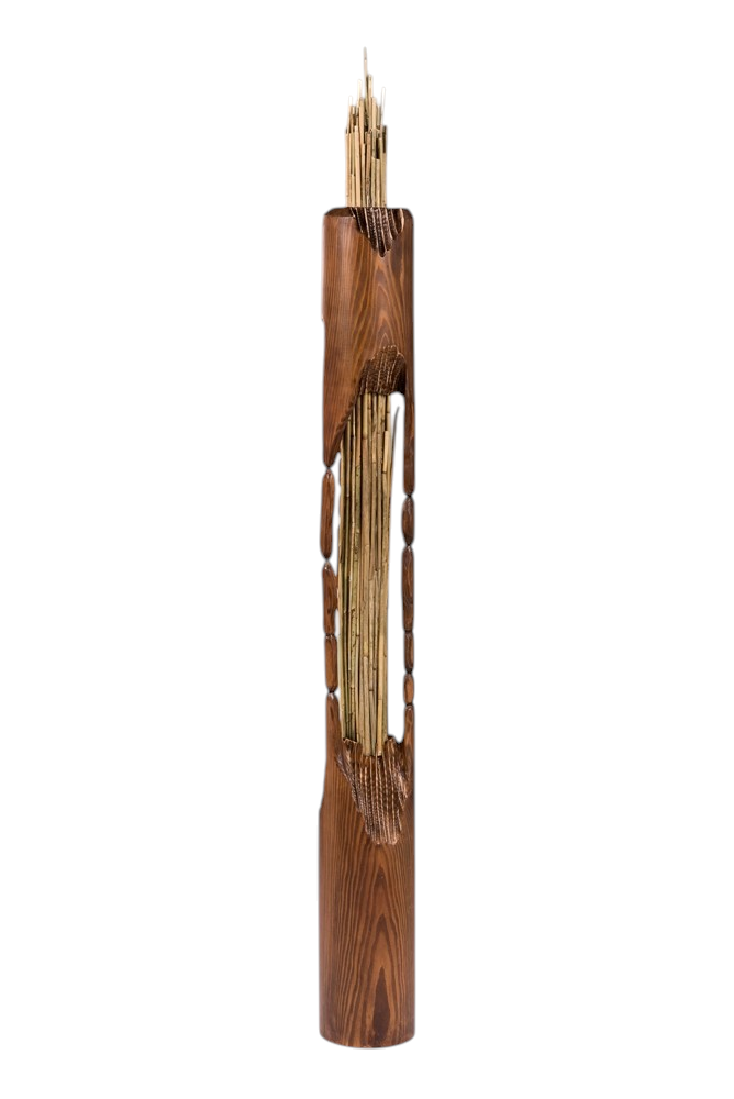 Coeur filandreux, de l'artiste Bernard Hamel, Sculpture, Bois et phragmites, dimension : 6 x 6 x 50 po hauteur