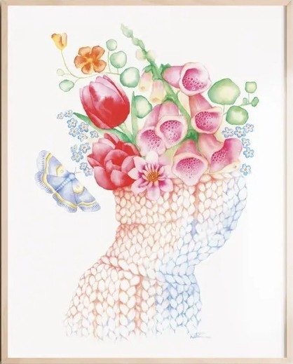 Affiche, -- Col fleuri, tête florale --, de l'artiste Katrinn Pelletier, Illustration, aquarelle, crayons de couleur, ..., dimension : 16 x 12 de largeur