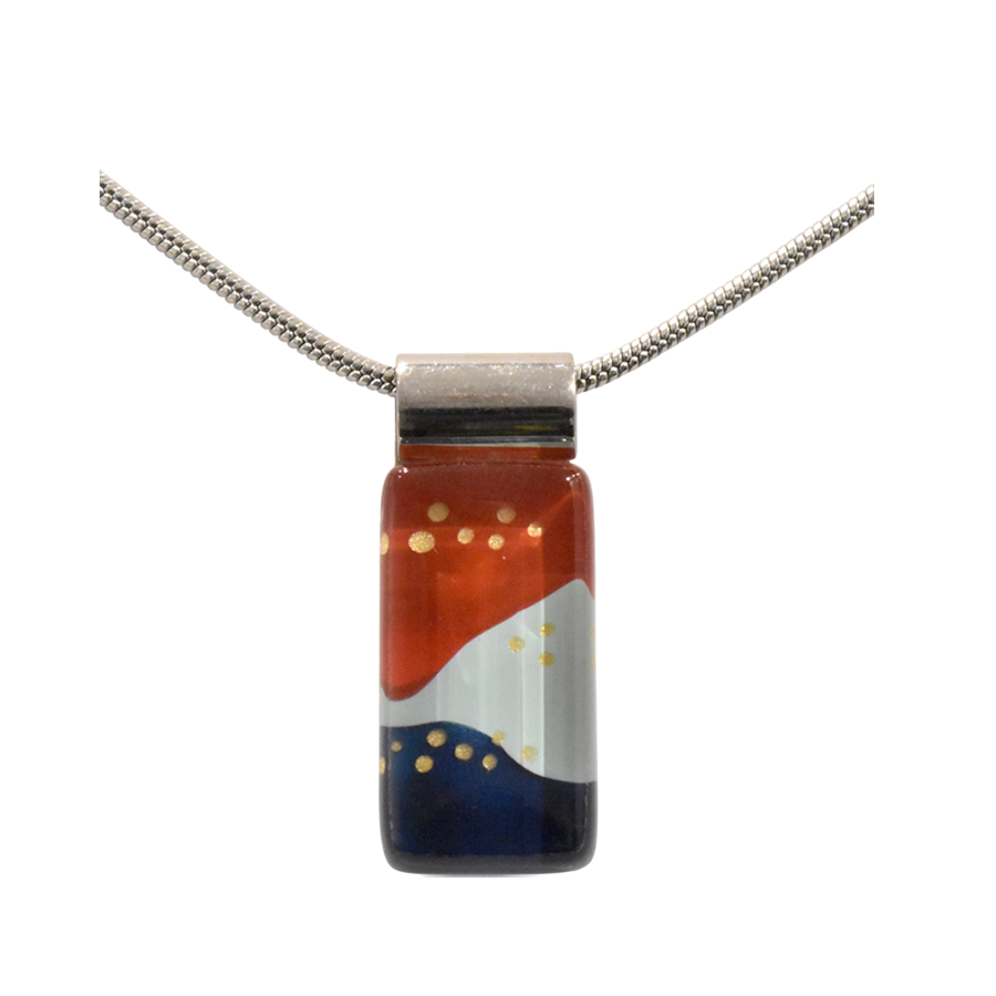 Collier rectangle, no 75, de l'artiste Azurine, Peint à la main, Chaîne 18 po acier inoxydable, Matière première : verre, cuisson au four