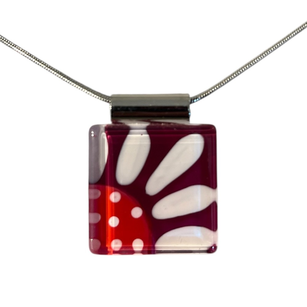 Collier carré 1 pouce, no 44, de l'artiste Azurine, Peint à la main, Chaîne 18 po acier inoxydable, Matière première : verre, cuisson au four